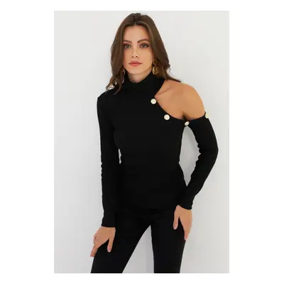 Cool & Sexy Women's Black One Shoulder Open Camisole Turtleneck Blouse