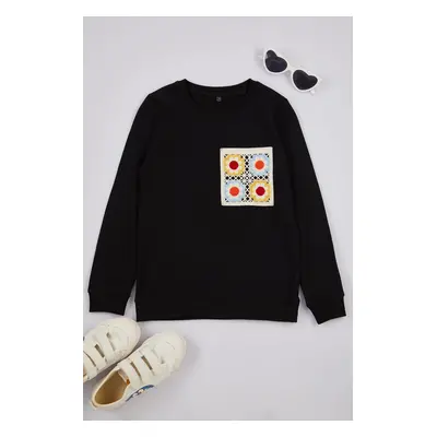 Trendyol Black Girl Printed Cotton Knitted Sweatshirt