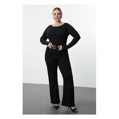 Trendyol Curve Black 100% Cotton Body-fitting Long Sleeve Plus Size T-shirt