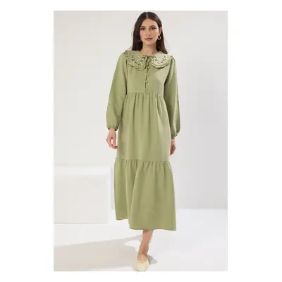 Trendyol Green Collar Embroidered Half Placket Linen Look Woven Dress