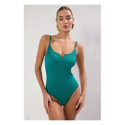 Trendyol Emerald Green V-Neck Textured Swimsuit