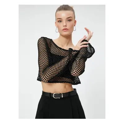 Koton Long Sleeve T-Shirt Crop Glitter Detailed Openwork Spanish Sleeves Comfortable Fit