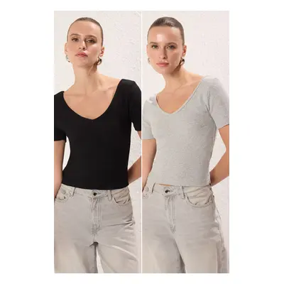 Trendyol Black-Gray Melange 2-Pack V-Neck Short Sleeve Elastic Knitted Blouse