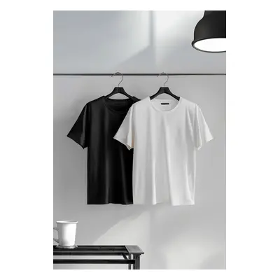 Trendyol Fekete-fehér férfi Basic Slim Fit 100% pamut 2-Pack Crew nyakú rövid ujjú póló