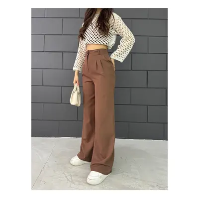 BİKELİFE Women's Brown Lycra Palazzo Loose Wide Leg Trousers