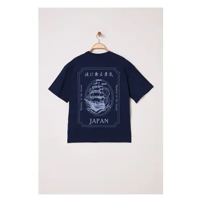 Trendyol Navy Blue Oversize/Wide Cut Ship Back Printed 100% Cotton T-Shirt