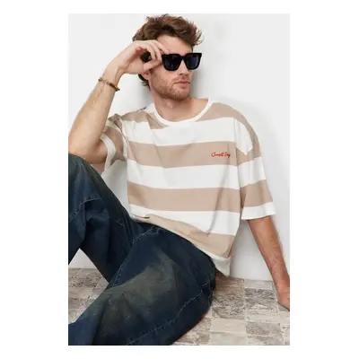 Trendyol Brown Oversize Text Embroidered Striped 100% Cotton T-Shirt