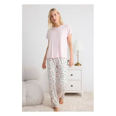 Trendyol Pink Floral Knitted Pajama Set