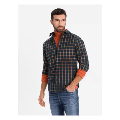 Ombre Men's plaid flannel shirt SLIM FIT - navy blue and orange