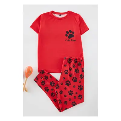 Trendyol Red Boy Printed Pajama Set Cotton Knitted Top-Bottom Set