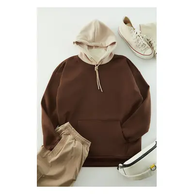 Trendyol Brown Oversize/Wide Cut Hooded Printed Fleece/Warm Sweatshirt