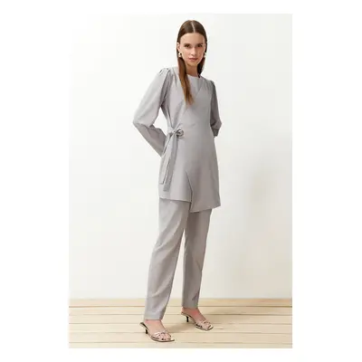 Trendyol Gray Bird Eye Detailed Woven Bottom-Top Set