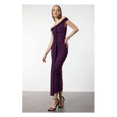 Trendyol Plum Body-Smooth Draped Woven Dress