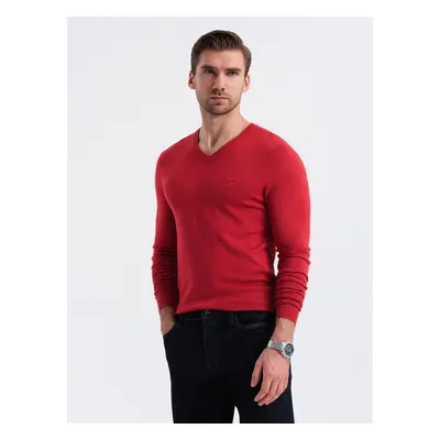 Ombre Men's elegant V-neck BASIC sweater with viscose - red