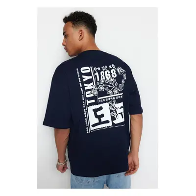 Trendyol Navy Blue Oversize/Wide Cut Headlight East Printed Short Sleeve 100% T-Shirt