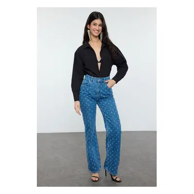 Trendyol Blue Textured High Waist Wide Leg Jeans