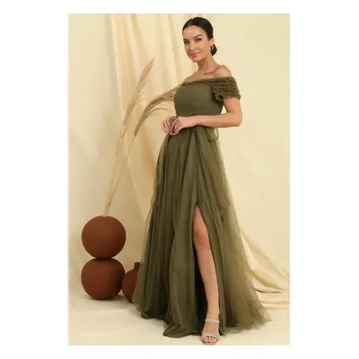 By Saygı Frilly Belted Collar And Sleeves Lined Long Tulle Dress