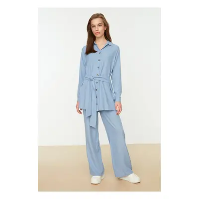 Trendyol Blue Belted Wide Leg Weave Aerobin Shirt-Pants Set