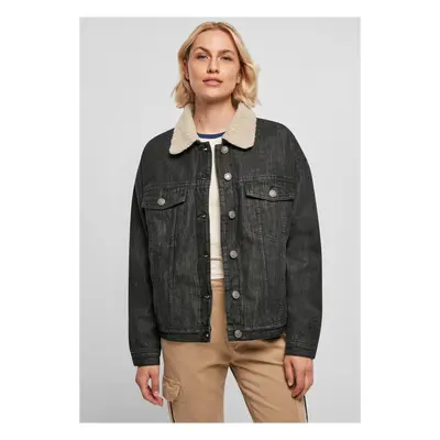 Women's oversized denim jacket Sherpa, black washed