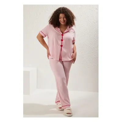 Trendyol Curve Pink Heart Piping Viscose Woven Pajama Set