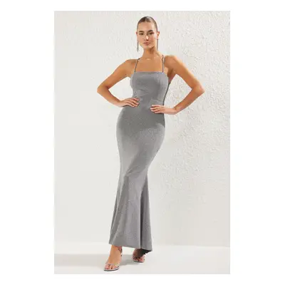 Trendyol Silver Body-Styling Glittery Knitted Long Elegant Evening Dress