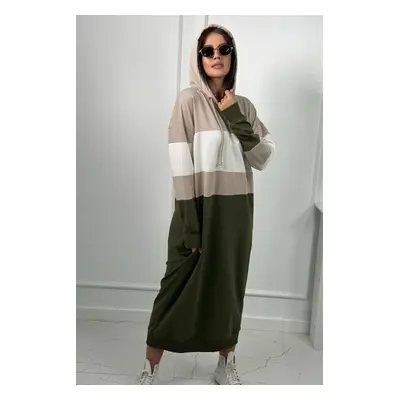 Three-color hooded dress beige + ecru + khaki