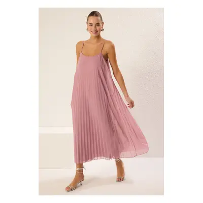 Trendyol Powder Plain Slit Maxi Pleated A-line Flexible Knit Dress