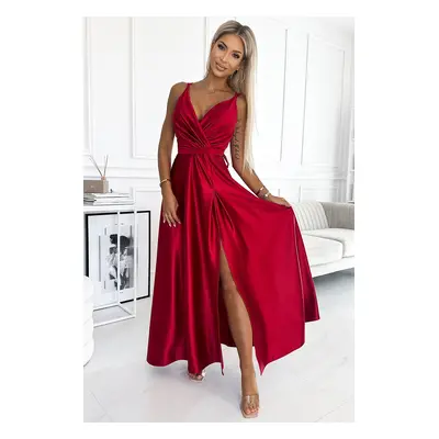 498-4 Long satin dress with neckline and double straps - RED