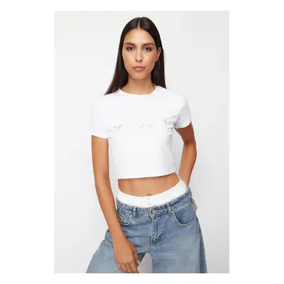 Trendyol White Bow Detailed Crop Short Sleeve Knitted T-Shirt