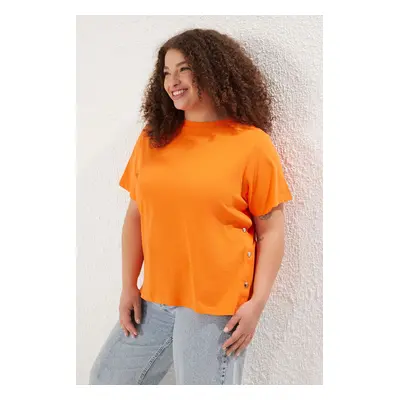 Trendyol Curve Orange Boyfriend Fit Side Snap Detail 100% Cotton Knitted Plus Size T-shirt