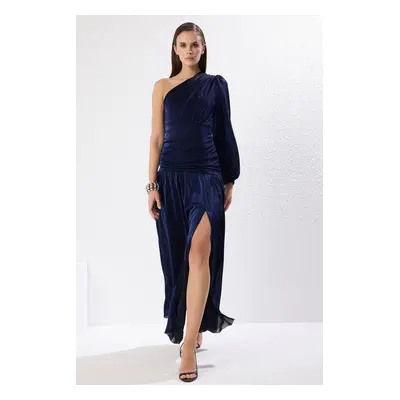 Trendyol Navy Blue Lined Glittery Single Sleeve Long Elegant Evening Dress