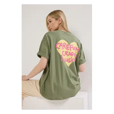 Trendyol Khaki 100% Cotton Front and Back Embossed Printed Oversize/Wide Pattern Knitted T-Shirt