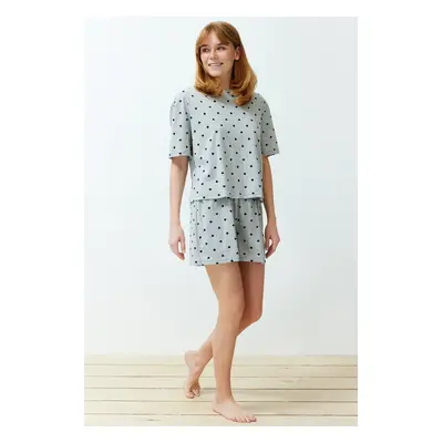 Trendyol Grey Melange 100% Cotton Polka Dot and Heart Shorts Knitted Pajama Set