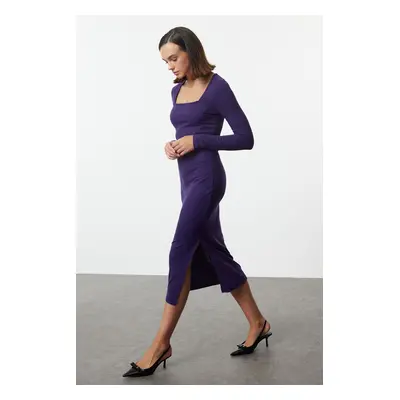 Trendyol Purple Ribbed Square Neck Fitted Long Sleeve Slit Midi Dress