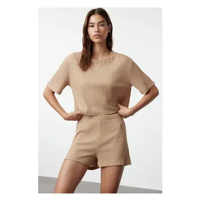 Trendyol Beige Ribbed Knitted Pajama Set