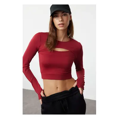 Trendyol Burgundy Crop Window/Cut Out and Thumb Hole Detailed Knitted Sports Top/Blouse