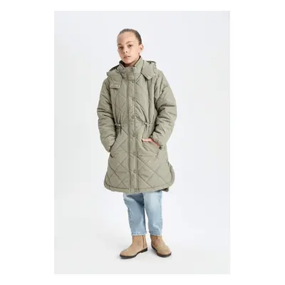 DEFACTO Girl Water Repellent Hooded Zippered Snap Pocket Long Coat Parka