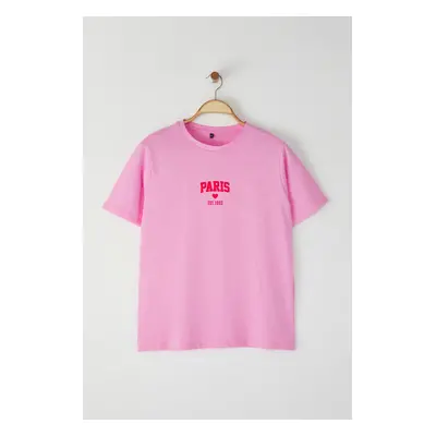 Trendyol Curve Pink Crew Neck Printed Detail 100% Cotton Knitted Plus Size T-Shirt