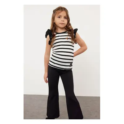 Trendyol Black Girl Striped Ruffle Detailed Knitted T-Shirt