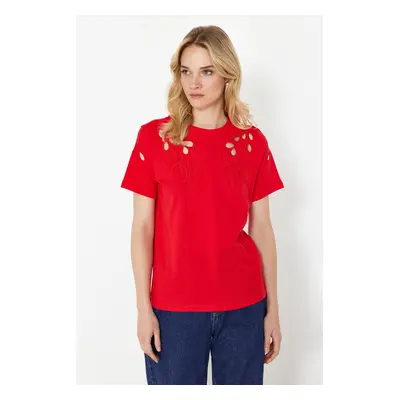 Trendyol Red Brode Embroidered Basic/Regular Pattern Knitted T-Shirt