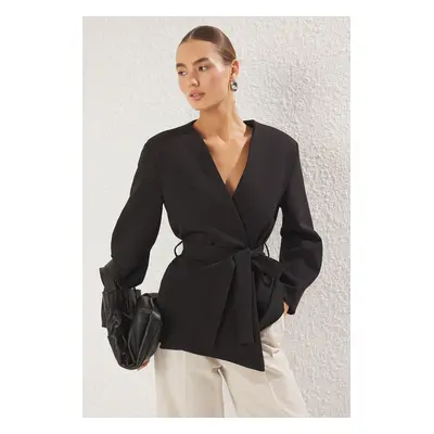 Trendyol Black Double Breasted Tie Detail Woven Blazer Jacket