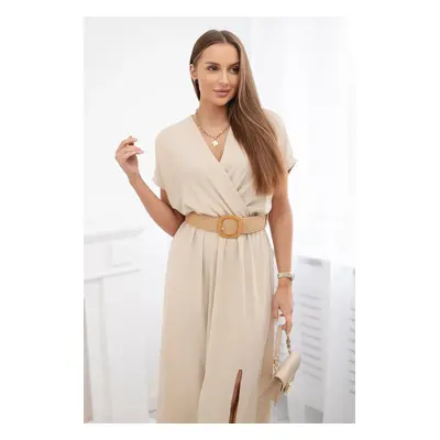 Kesi Włoski Long dress with a decorative belt beige