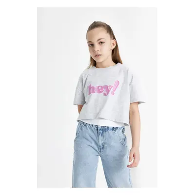 DEFACTO Girls Crew Neck Printed Crop Short Sleeve T-Shirt