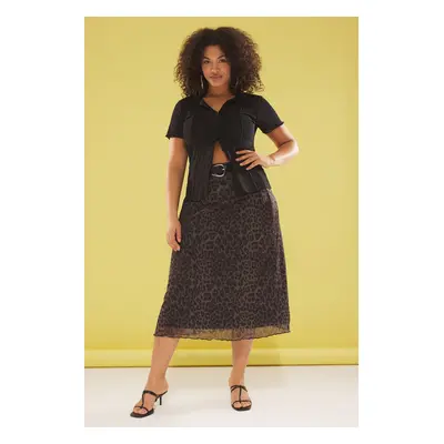 Trendyol Curve Khaki A-Line Leopard Patterned Tulle Knit Plus Size Skirt