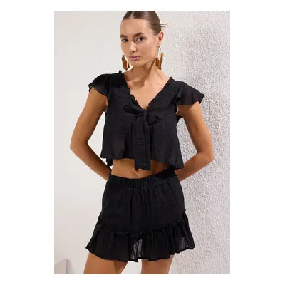 Trendyol Black Ruffle Blouse Skirt Set