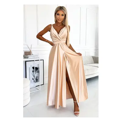 498-5 Long satin dress with neckline and double straps - GOLD