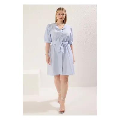 Trendyol Curve Blue Striped Belted Hidden Placket Mini Woven Plus Size Dress