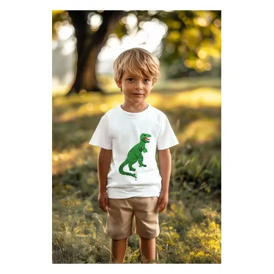 Trendyol White Boy 100% Cotton Dinosaur Sequined Regular Fit Short Sleeve Knitted T-Shirt