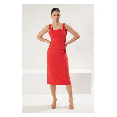 Trendyol Red A Cut Adjustable Strap Detail Midi Woven Dress