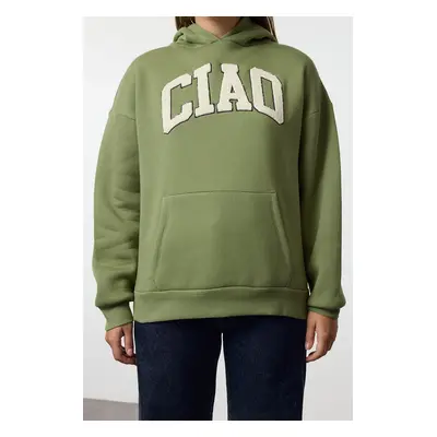 Trendyol Green Thick Fleece Slogan Printed Hooded Oversize/Wide Cut Knitted Sweatshirt